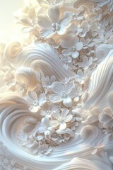 Fototapeta na wymiar Close up bright depiction of 3D white flora swirling in a futuristic setting with natural light in a random setting