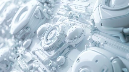 Close up of a 3D white technology blending hitech and sci fi elements with porcelain depicted in a bright random setting
