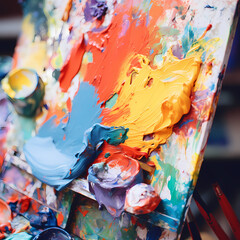 A close-up of a painter's palette with vibrant paint splatters.