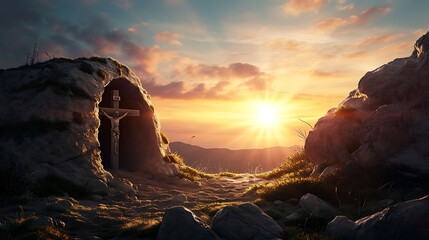 Cross in on the enterance of the Empty religious easter tomb in the sun rise.  - obrazy, fototapety, plakaty