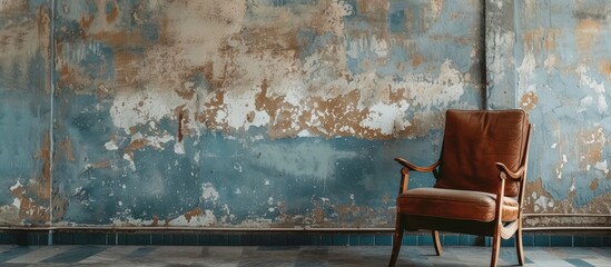A vintage wooden armchair is placed in front of a wall with peeling paint, creating a contrast between the old-fashioned chair and worn-out backdrop. The chair stands out against the distressed wall