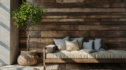 modern room with wooden wall,sofa with pillows,plant in pot interior design. Generative Ai