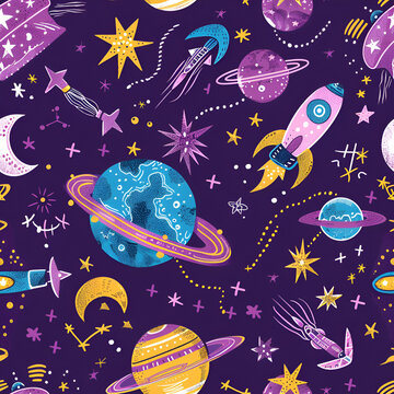 Seamless pattern with space on a dark purple background vector illustration. Super cute print