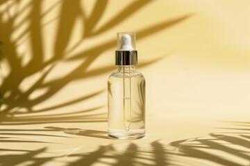 Naklejka premium Cosmetic bottle with pipette. Transparent liquid product in glass bottle with dropper. Serum skin care on light yellow background and plant shadows, front view with copy space. Beauty product mockup