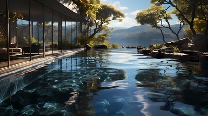 A pristine swimming pool, water untouched, reflecting the surrounding tranquility