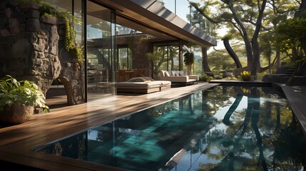 A pristine swimming pool, water untouched, reflecting the surrounding tranquility