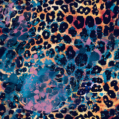 A colorful seamless leopard print background with splatters of paint - 749752531