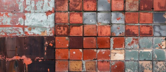 A brick wall has been painted in bold red and blue colors, creating a vibrant and eye-catching visual. The texture of the red bricks adds depth to the overall look.