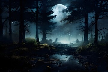 Magical Moonlit Forest: A forest bathed in the soft glow of moonlight, creating a mysterious and enchanting atmosphere.

