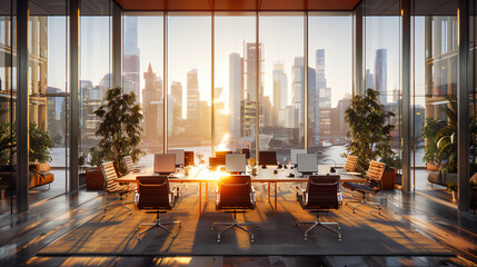 Cityscape Elegance: Modern Corporate Office Interior with Urban View and Glass Design