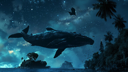 night fantasy landscape with an island, a big whale in the sky. Generative Ai