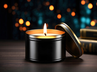 Container candle tin box mock-up on black background 3D render design.