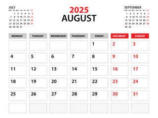 Calendar 2025 template, August 2025 year, planner template, monthly and yearly planners, week start monday, wall calendar design, corporate planner, Desk calendar 2024, printing, vector