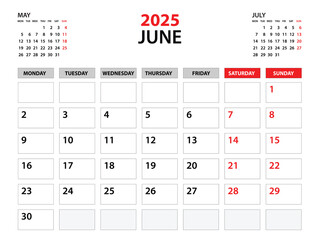 Calendar 2025 template, June 2025 year, planner template, monthly and yearly planners, week start monday, wall calendar design, corporate planner, Desk calendar 2024, printing, vector