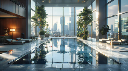 Urban Oasis: Luxury Hotel Pool with City Skyline View in Kuala Lumpur - obrazy, fototapety, plakaty