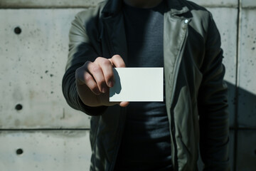 Man holding white business card on concrete wall background