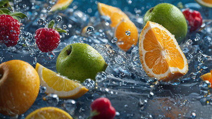 Water droplet concept with various fruits such as strawberries, lemons, oranges and apples pouring out generative ai