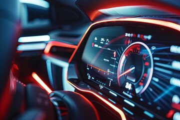 Visual image of autonomous driving car and digital speedometer technology - obrazy, fototapety, plakaty