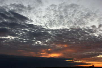 Fototapeta premium Early autumn morning. Sunrise. The brightening sky is decorated with clouds, different in a form and color.