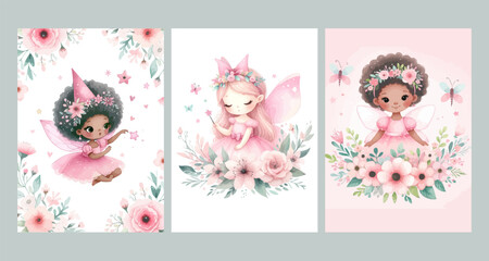 Watercolor Illustration set of Cute Fairy and flowers. © ku4erashka