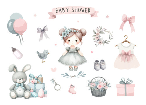 Set of cute watercolor baby shower cards clipart for invitation card, poster.