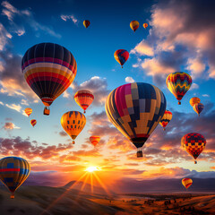 Colorful hot air balloons ascending at dawn. 