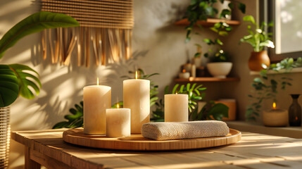 Spa Harmony: Wellness Composition with Candles, Towel, and Aromatic Oils