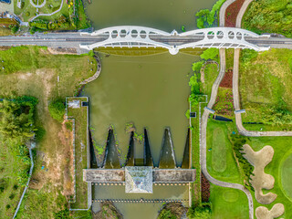 Aerial top view, Tha Chomphu White Bridge. It is a railway bridge across the river and is a...