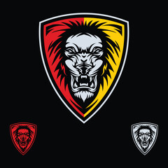 Premium, Modern, Playful, Youthful, Masculine, Orange Red, And White Lion Roar Badge And Shield Sport Logo Mascot With Black Background