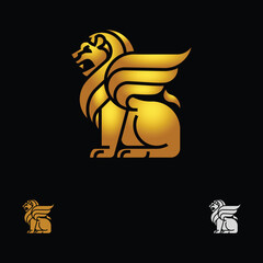 Premium, Modern, Simple, Masculine, Gold Colored Winged Lion Sitting Logo Set For Multiple Business Company With Black Background