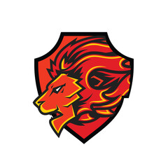 Premium, Modern, Playful, Youthful, Masculine, Orange And Red Lion Roaring Badge And Shiel Sport Logo With White Background
