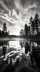 Tranquil Reflections: A Monochromatic Interpretation of Natural Beauty at Dusk Around a Lake