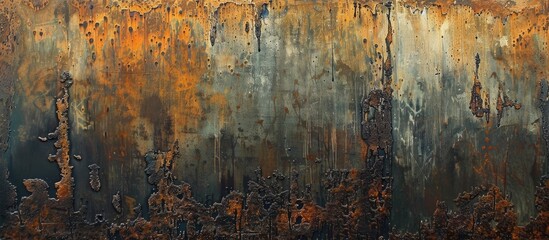 The image depicts a very rusty and old metal surface with a striking patina of yellow and black paint. The rust adds texture, while the colors create a visual contrast on the weathered metal.