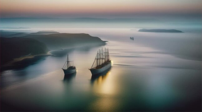 Sunrise casting fog over the river meets the tranquil sea, with a serene landscape adorned by boats and sailing ships under the vast sky