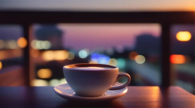 Espresso coffee on the table amidst a view of the night sky lights above the city.