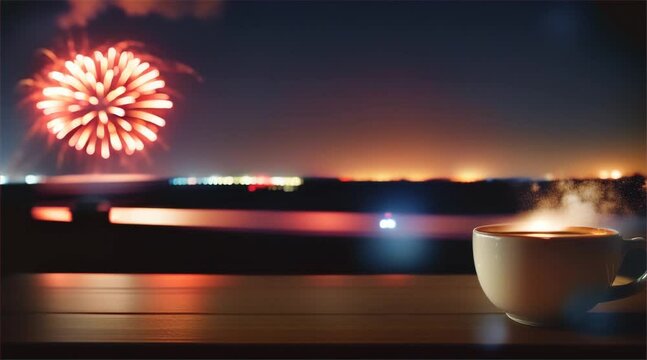 Espresso coffee on the table against lively fireworks lighting up the night sky over the city and river.