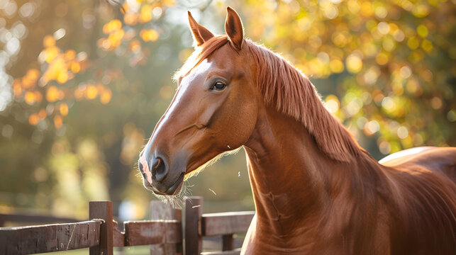 Portrait of bay horse on a background of trees ,horse in the paddock, Outdoors ,a horse with a bridle
