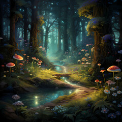 Fototapeta premium Enchanting forest scene with luminescent flora. 
