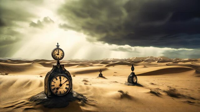 Old clocks on desert dunes at sunset. Surreal time metaphor animated composition. Time related concept.