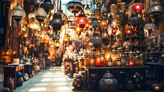 Metal filigree lanterns in a middle east bazaar. Oriental artwork and craft.