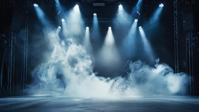 A dark empty stage with spotlights above and smoke rising