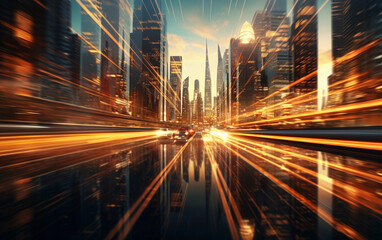 Traffic in city at night. Metropolis with a time-lapse motion blur in blue and orange colors