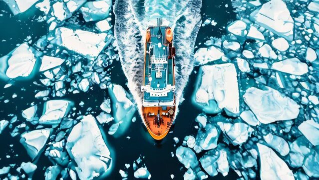 An ice breaker breaking ice, aerial view