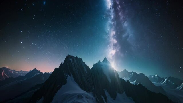 Starry sky with milky way above mountains at night. 4k video animation