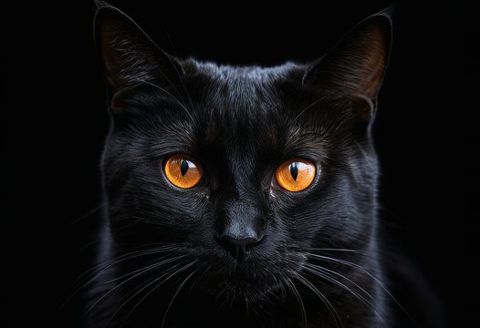 A black cat with orange eyes is staring at the camera. The cat's eyes are large and bright, giving it a mysterious and captivating appearance. The black fur of the cat contrasts with the orange eyes