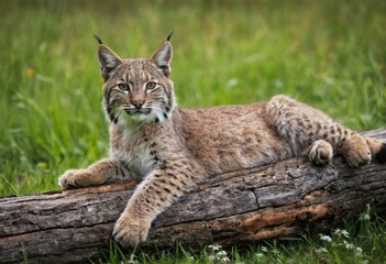 Naklejka na ściany i meble A young wild bobcat lynx cat is laying on a log in a grassy field. The bobcat is looking at the camera with a curious expression.