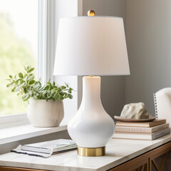 White table lamp and books on the table near the window
