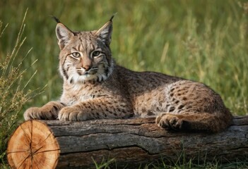 A young wild bobcat lynx cat is laying on a log in a grassy field. The bobcat is looking at the camera with a curious expression.