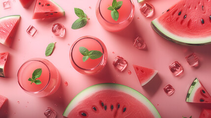 Glass with fresh watermelon smoothie on table ,Watermelon juice, fruit fresh on wood background