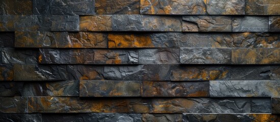 Naklejka premium The stone wall features a striking black and yellow pattern, creating a unique and eye-catching display. The contrasting colors and intricate design add a visually appealing element to the